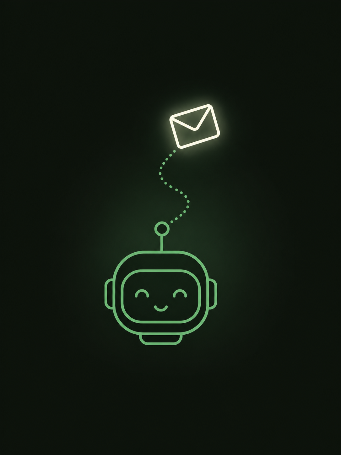 Minimal line drawing of a robot head sending a glowing envelope upward along a dotted path.