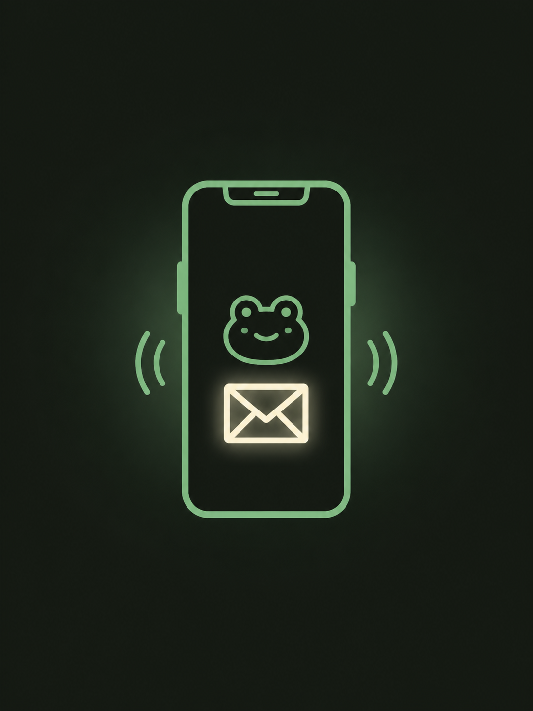 Minimal line drawing of a buzzing phone, its screen showing a frog face and a glowing envelope.