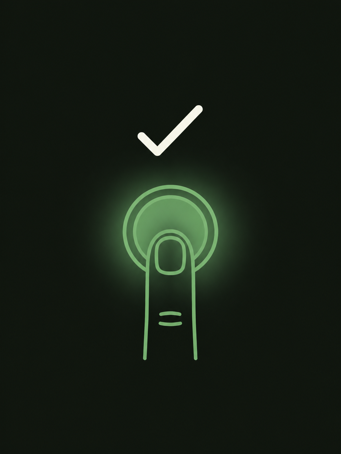 Minimal line drawing of a fingertip pressing a glowing button, a check mark lighting up above it.